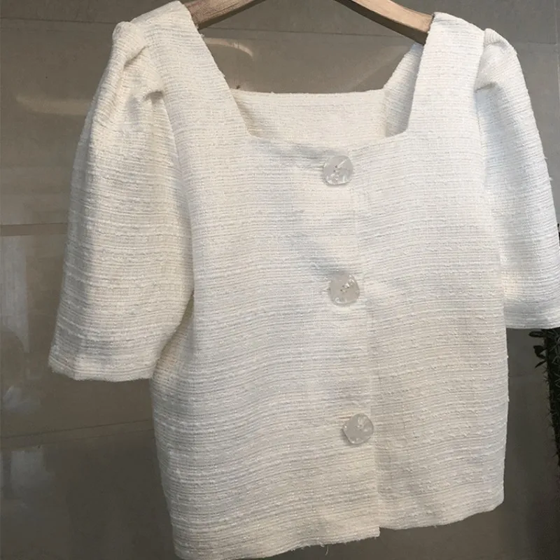 Брендовая модная женская летняя твидовая куртка с квадратным воротником