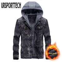 ursporttech denim jacket men fashion warm hooded denim jackets male fleece lined jeans jacket detachable coats outwear plus size