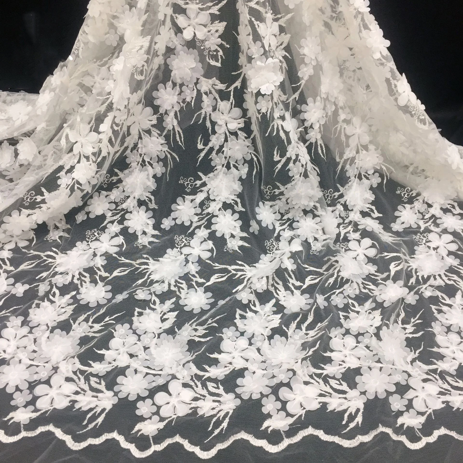 

5yards off white 3D chiffon flowers on mesh embroidery African French Tulle Mesh Lace Fabric Sequins Lace Fabric for Bridal