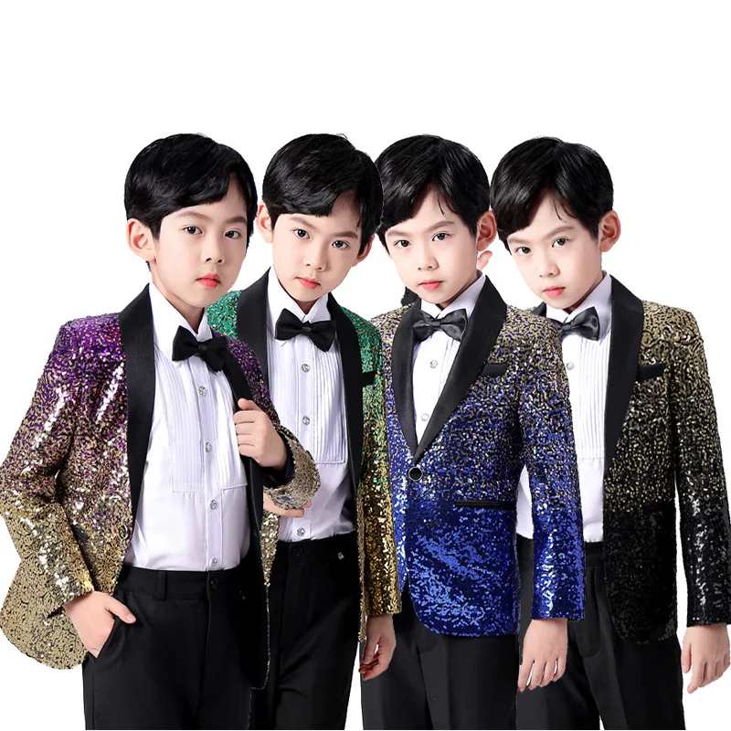 Baby children handsome personality fashion color gradient sequins boy dress stage catwalk piano show suit boy suit Four Seasons