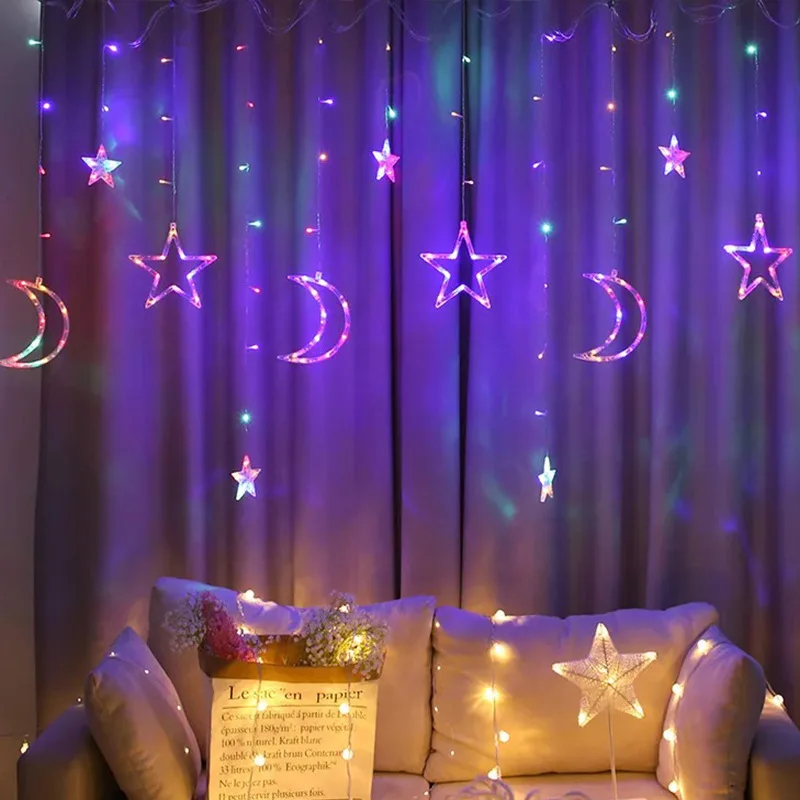 Светодиодные рождественские гирлянды-занавески в виде луны и звезд 2 5 м | Дом сад