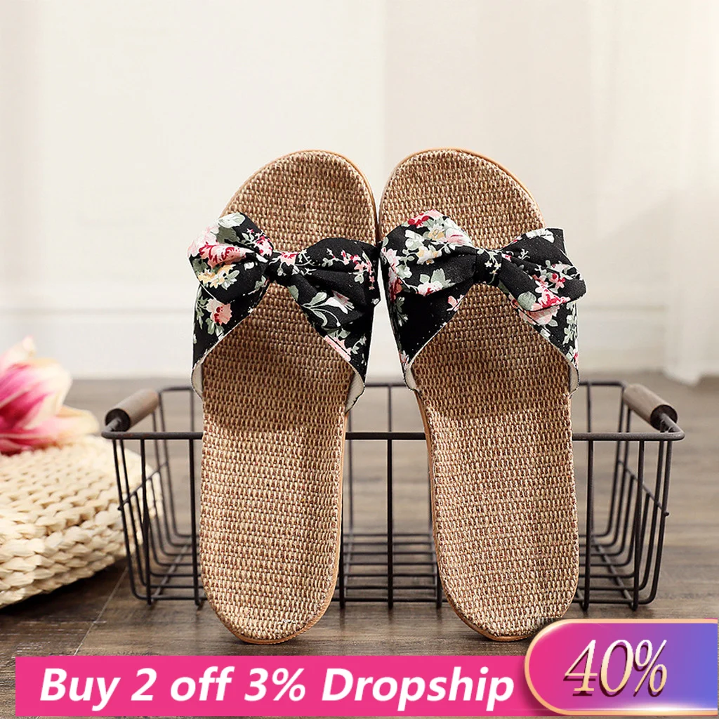 

2020 Women indoor slippers Female Bowknot Flax Linen Flip Flops Beach Shoes Sandals Slippers claquette femme chaussure#L35