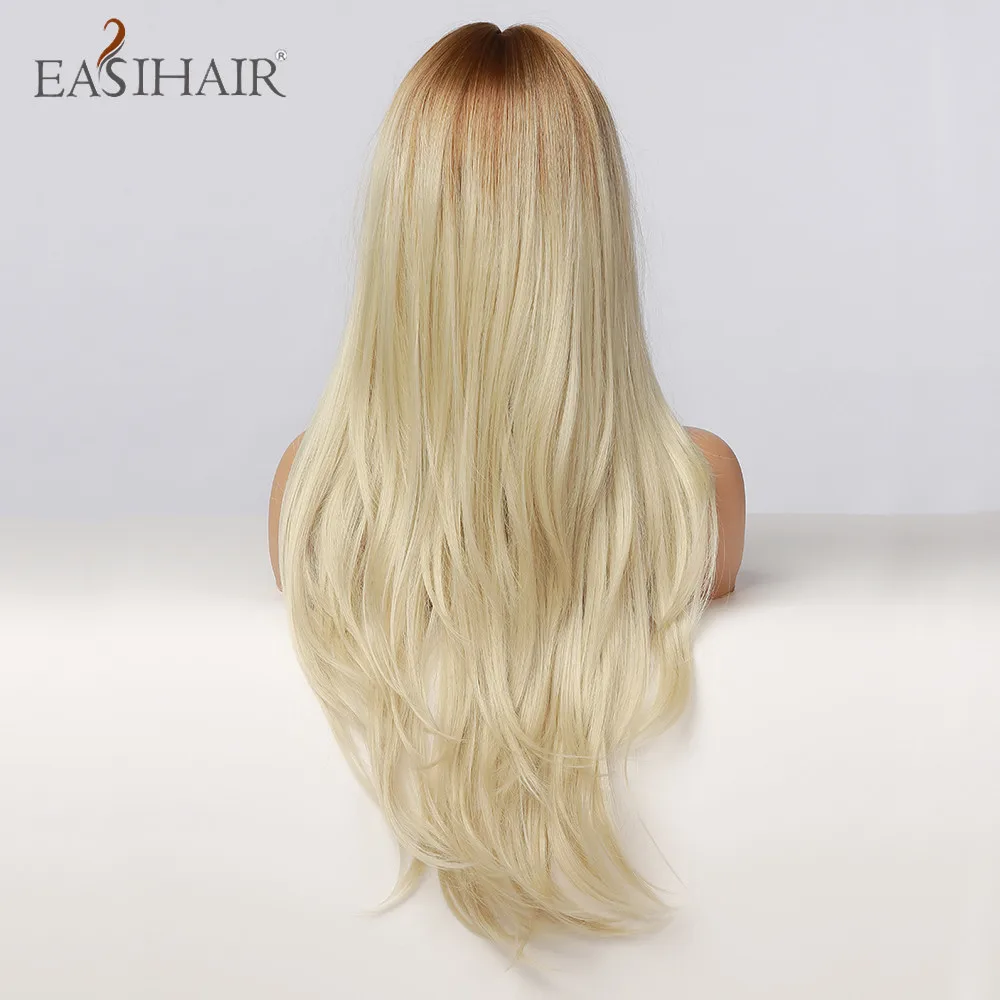 EASIHAIR-Peluca de cabello sintético para mujer, cabellera artificial largo de onda Natural con flequillo y Rubio claro ombré, Cosplay, fibra resistente al calor