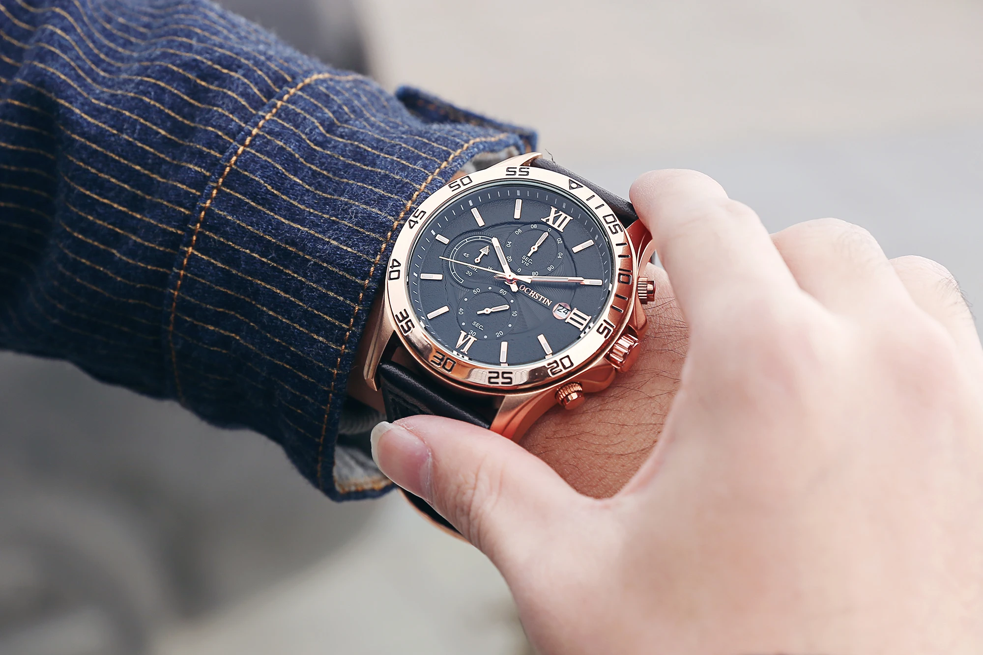 reloj hombre OCHSTIN Rose Gold Luxury watch Automatic Calendar business men watch in Casual sport leather band quartz watch men