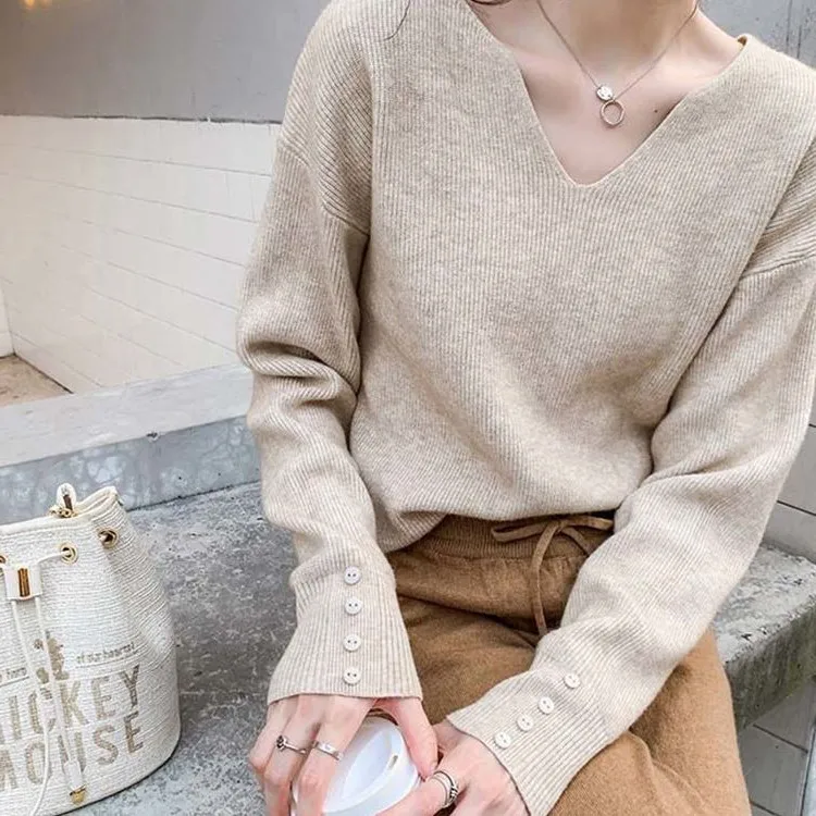 

Женский трикотажный пуловер с V-образным вырезом, Однотонный свитер с длинным рукавом в Корейском стиле, осень 2021