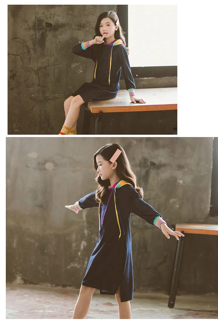 Girls denim dress Blue Rainbow Teen Girl Long Sleeve Dresses T Shirts Hooded Autumn Kids Clothing Casual Children Clothes