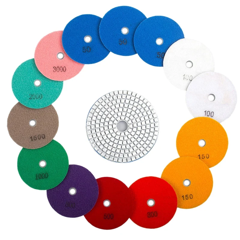 

15Pcs 4 Inch Wet Diamond Polishing Pads Set 50 to 3000 Grit Hook Loop Backing Sanding Discs for Granite Concrete Marble