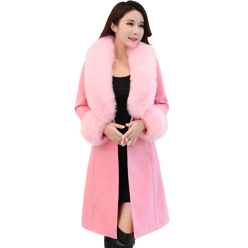 

Women's Jacket 2022 Women Woolen Coat Big Fur Winter Elegant belt Wool Coat Mid-length Outerwear manteau femme A345