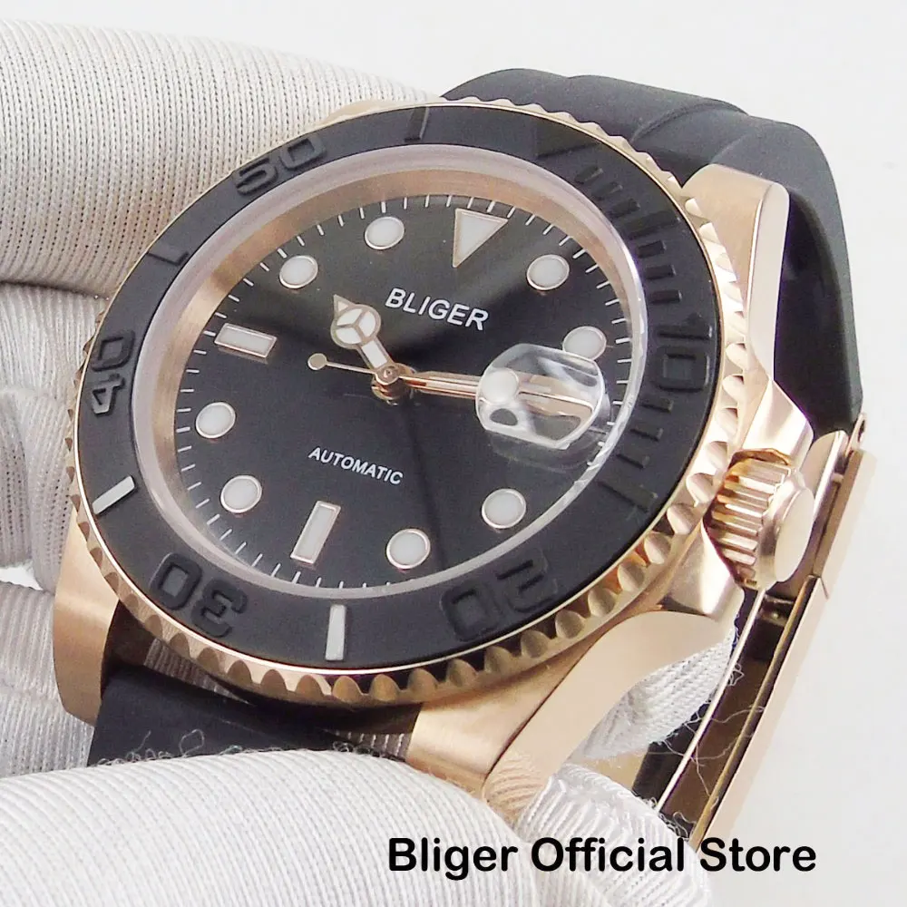 

BLIGER Fashion Japan 24 Jewels NH35 40mm Rose Gold Watch Case Automatic Men's Watch Miyota YM Brushed Ceremic Bezel Rubber Band