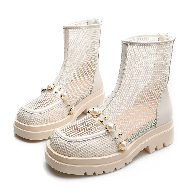 

Mesh Heeled Ankle Boots for Women Heels Platform Shoes Woman Boots Summer Shoes Women Fashion Pearl Designer Booties Woman 2021