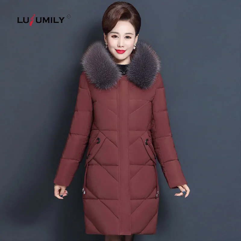 

Lusumily Plus Size 7xl Middle Aged Winter Jacket Women Hooded Fur Collar Parka Long Womens Down Cotton Coat Women Warm Overcoat