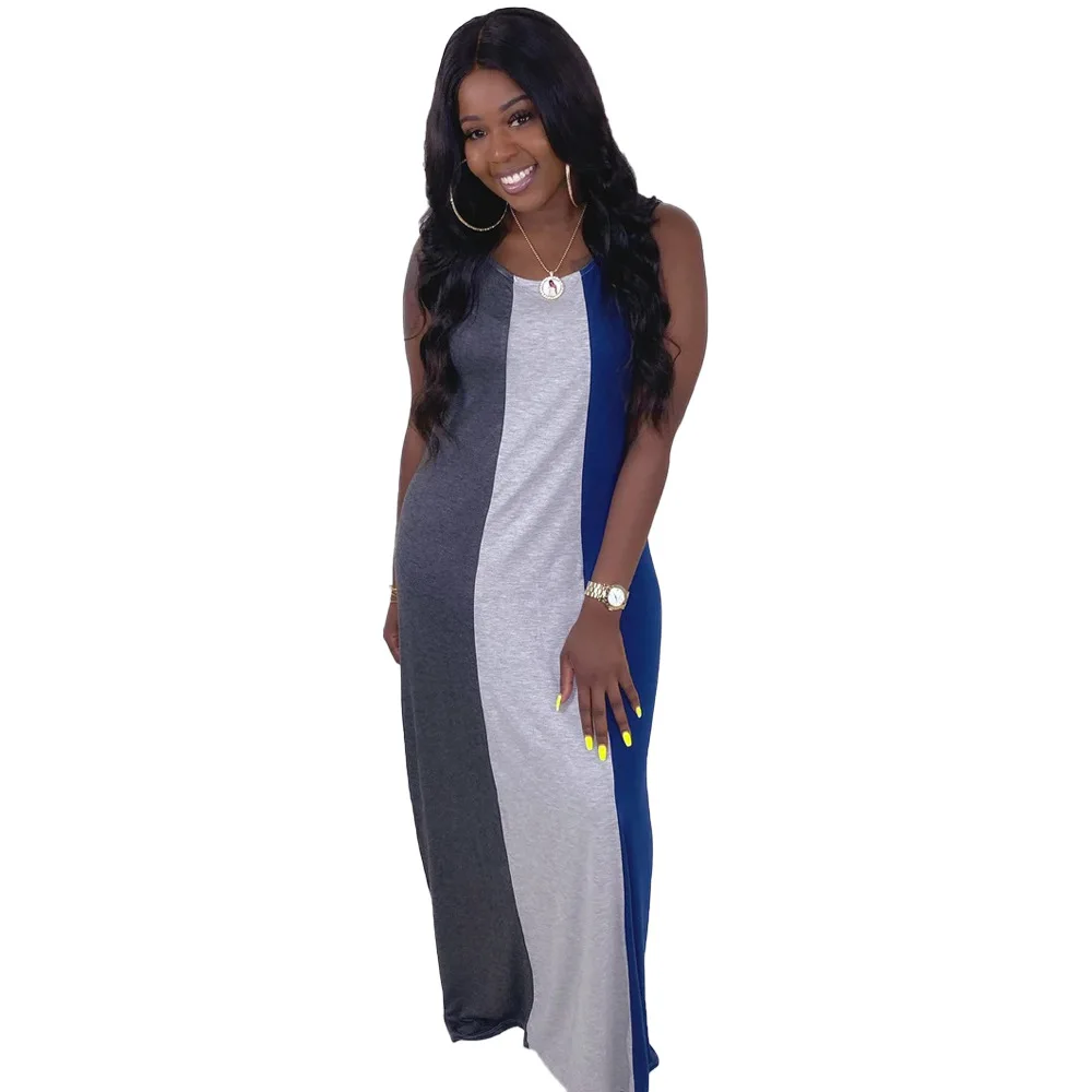 Женское контрастное платье без рукавов Повседневная Свободная длинная юбка в
