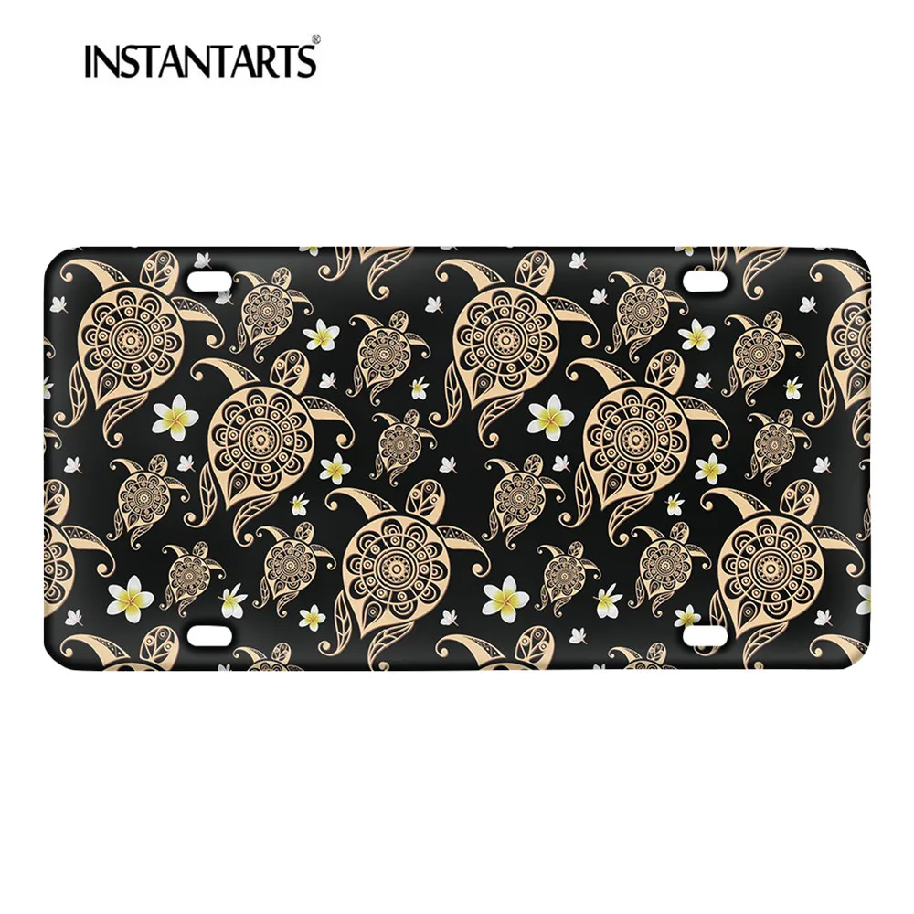

INSTANTARTS Sea Turtles Polynesian Tribal Hawaiian Black License Plate for Women Fashion Decorative Accessories Universal Fit