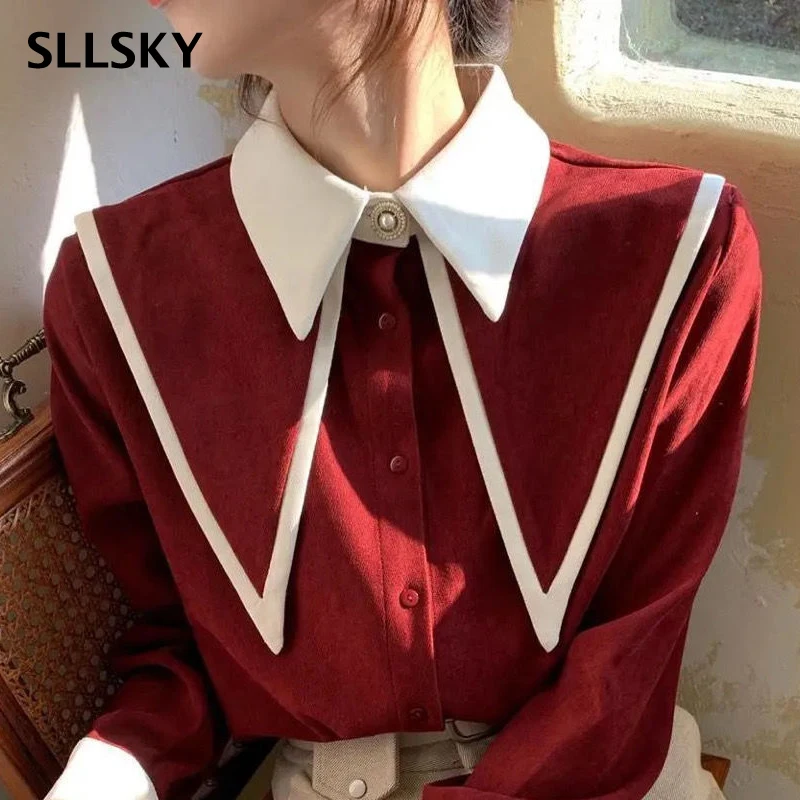 

Женская шифоновая блузка SLLSKY, элегантная однобортная блузка с отложным воротником, с длинным рукавом, в стиле пэчворк, на весну