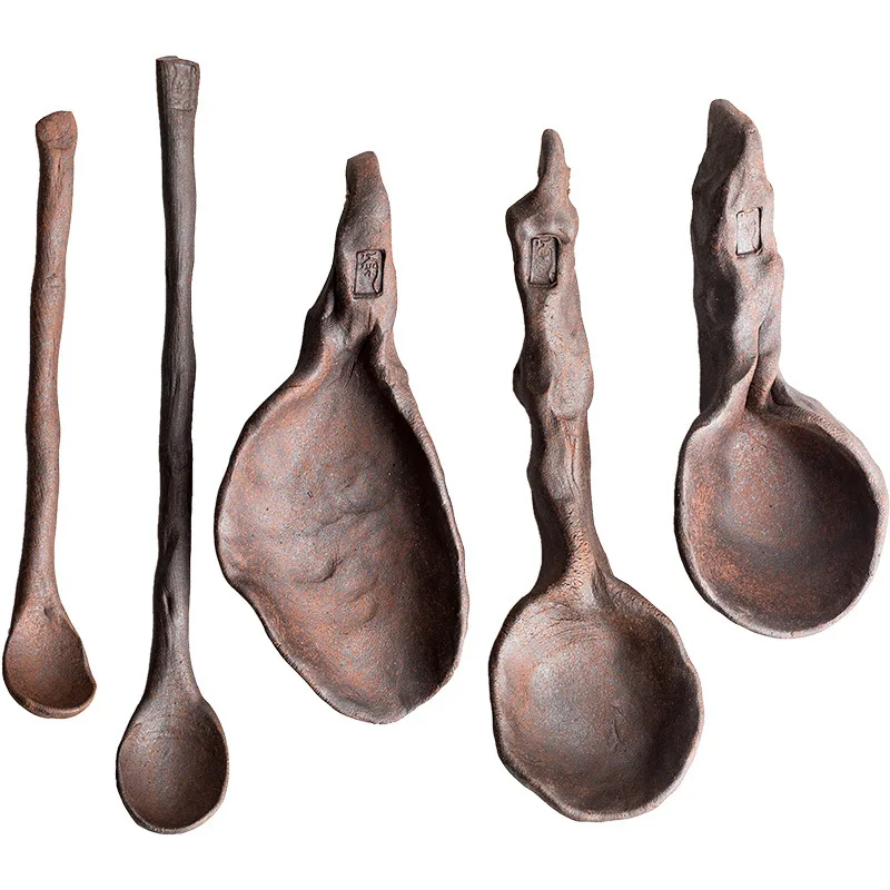 

Hand kneading coffee spoon creative ceramic small spoon spoon coarse pottery household large long handle spoon stirring spoon