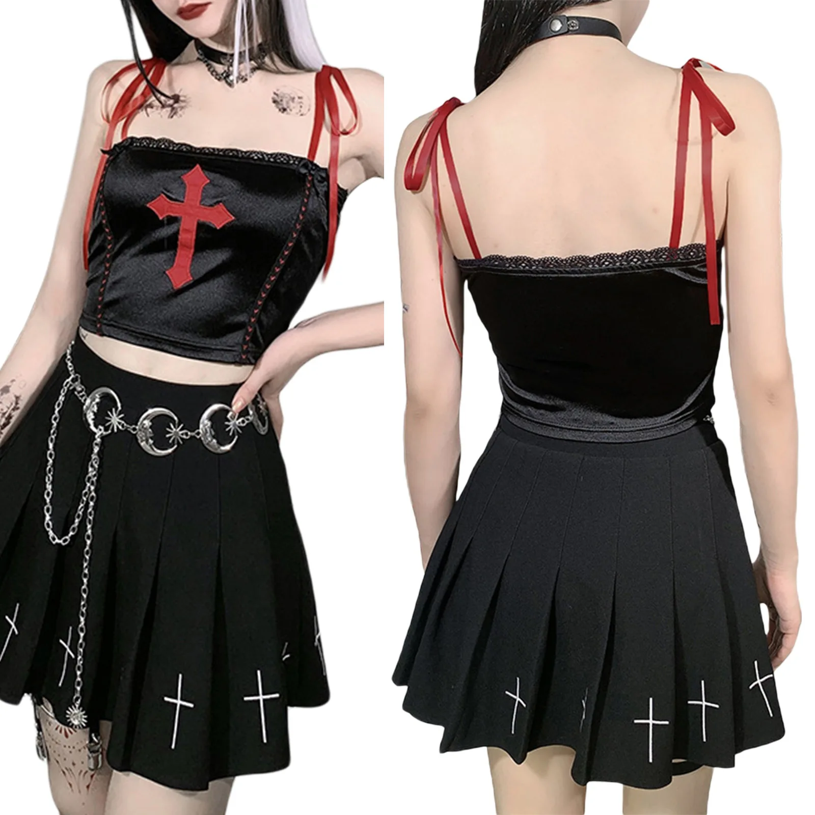 

2021 Hirigin Summer New Fashion Women's Crop Tank Tops Sexy Sleeveless Self-Tie Strap Cross Print Lace Trim Camisole For Cool