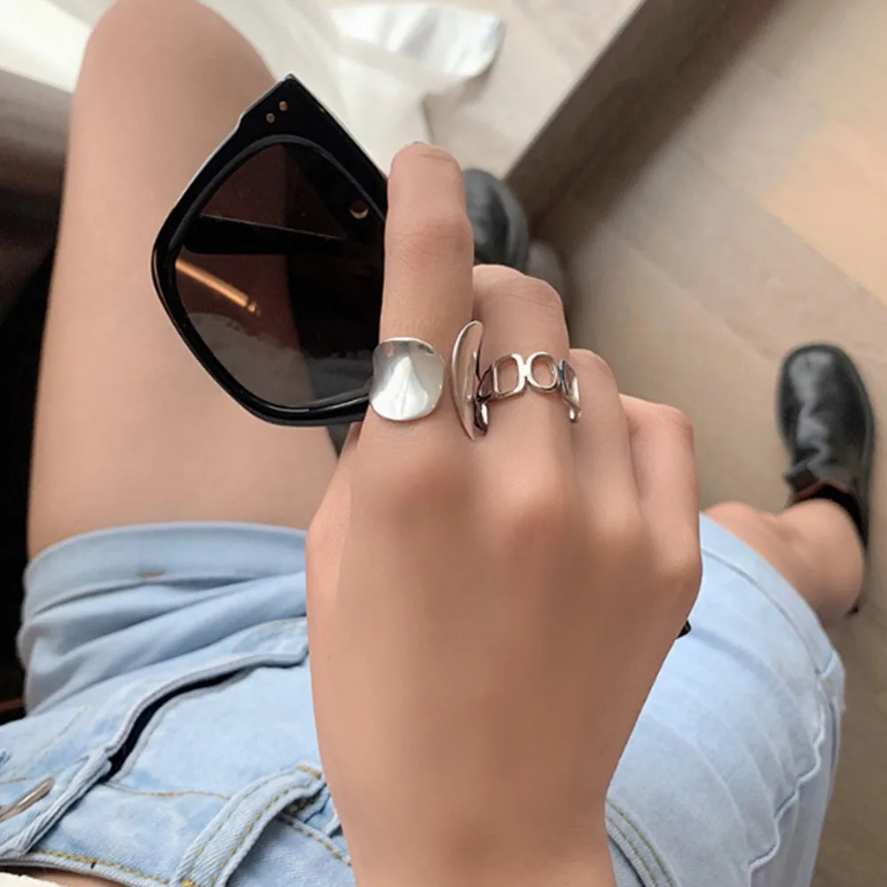 

Minimalist Silver Color Wide Rings for Women New Fashion Creative Hollow Geometric Handmade Party Jewelry Gifts