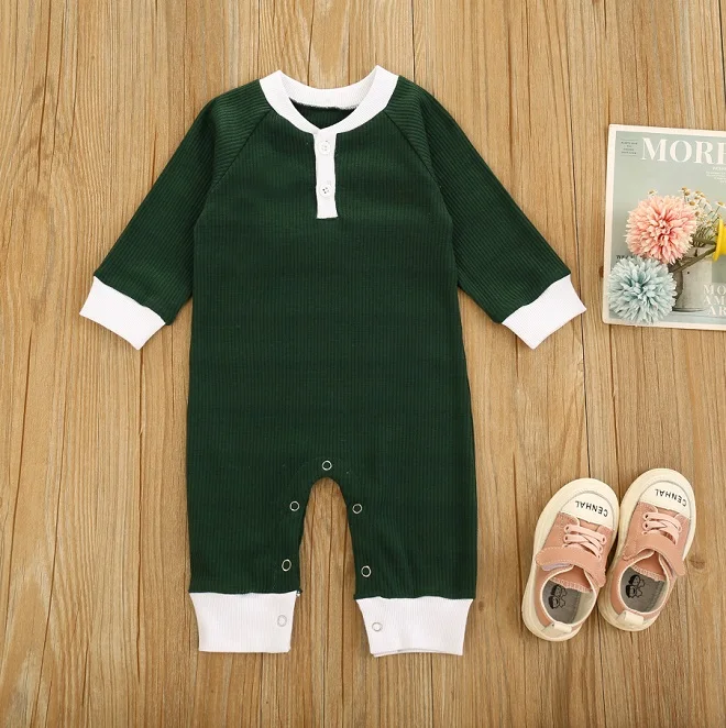 

Unisex Infant Knitted Romper Toddler Patchwork Long Playsuit Crotch Button Pit Stripe Stretch Jumpsuit for 0-24M Baby