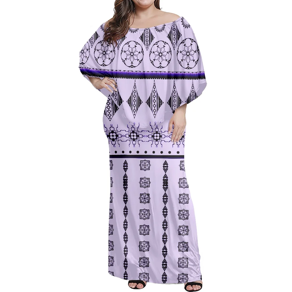 

Sexy Off Shoulder Women Elegant Summer Polynesian Tribal Tattoo Print Dress New Design Frill Dress Party Club Maxi Dresses