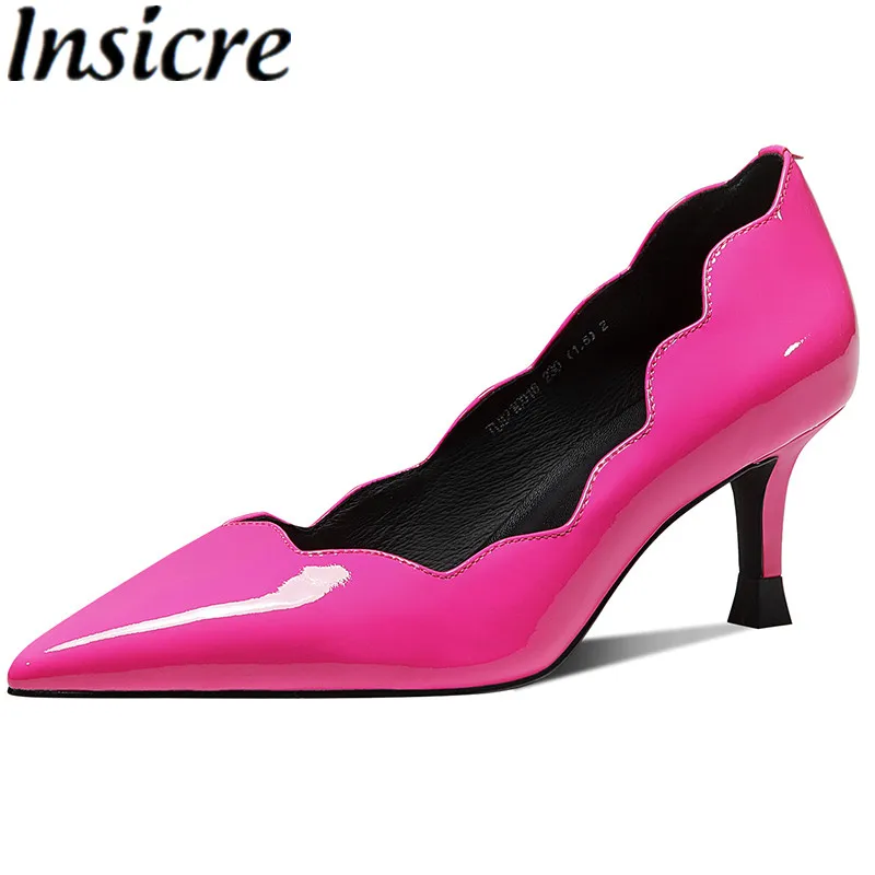 

Insicre Women Pumps Pointed Toe Cow Patent Leather Shallow 2021 Summer Classics Office Thin High Heel Shoes Rose Pink Ruffle