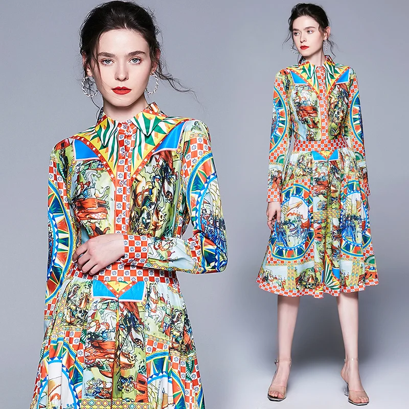 

New 2019 Fashion Runway Dress Women's Long Sleeve Turn-down Collar Elegant Fig Printed Midi Slim Casual dress