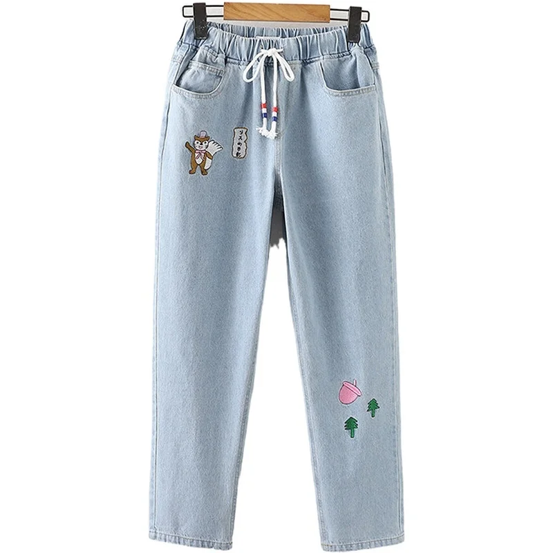 

Jeans Women 2021 Autumn Cartoon Embroidery Denim Pants Japanese Harajuku Elastic Waist Trousers Washed Wide Leg Pockets Jeans