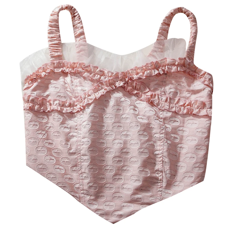 

Summer lace stitching design vest pink pleated minority sleeveless sling soft girl slim versatile top girl