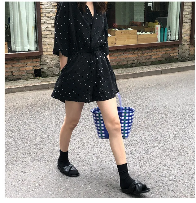 Женский шифоновый комбинезон в горошек винтажный с V образным вырезом и коротким