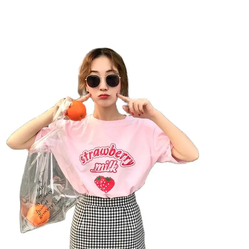 

Harajuku Kawaii Strawberry Milk t shirt Tops Women Summer Oversize Pink tshirt Clothes Schoolgirl Streetwear Tumblr