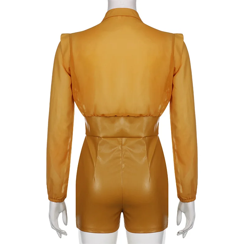 Женский шифоновый комбинезон из ПУ кожи с V-образным вырезом и лацканами |