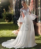 jasmine wedding dress scoop neck full flare sleeve open back a line bride vestido appliques chiffon elegant robe de mariee