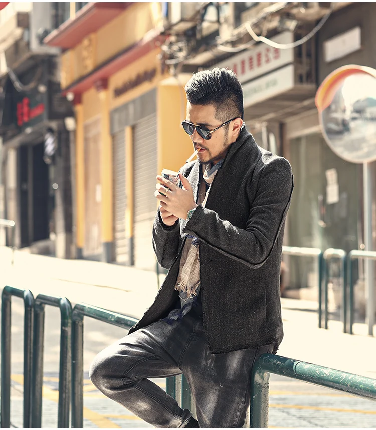 New Spring Retro Black Fur-trimmed Casual Slim Black European Style Suit for Men Stand Collar Men Suit Blazer Brand F8288