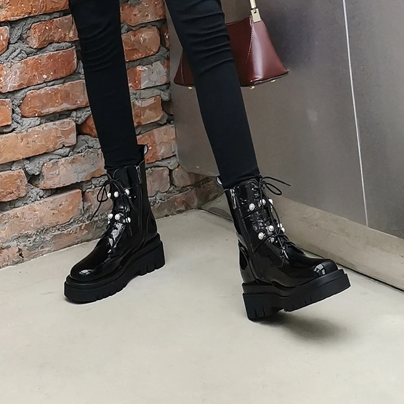 

COVIBESCO New Pearl Ankle Boots For Women Genuine Leather Shoes Woman Autumn Winter Fashion Cross-Tied Platforms Martin Boots