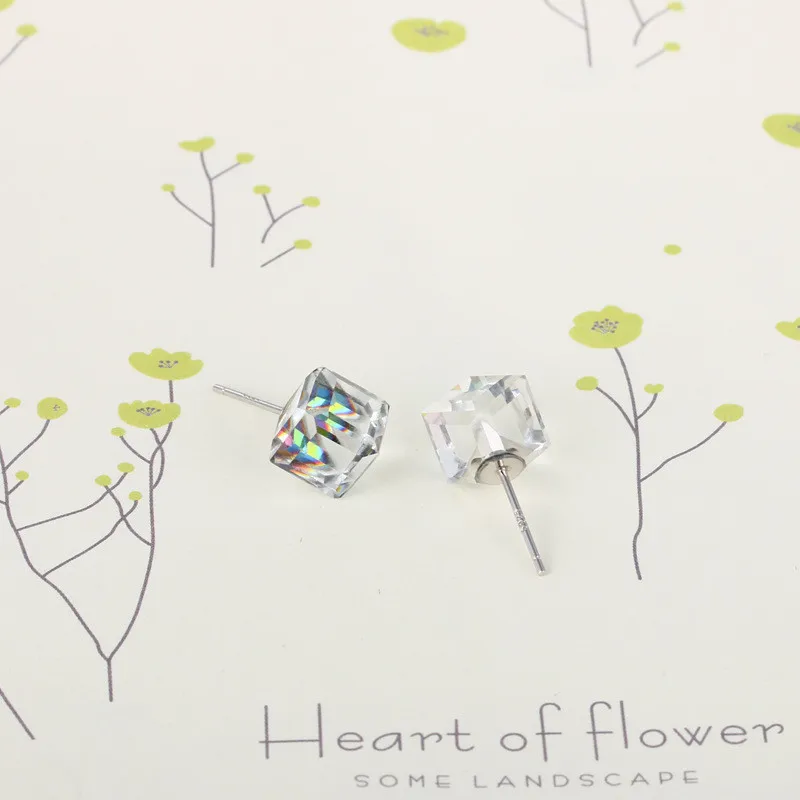 S925 Серебряные серьги гвоздики для женщин 6 мм 8 радужные Квадратные прозрачные