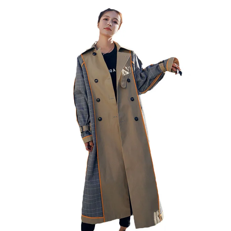 

Double-breasted Double-sided Mid-length Trench Coat 2021 New Spring Autumn Korean British style Plaid Windbreaker Coats f459