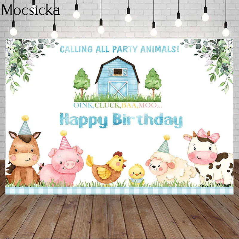 Mocsicka мультфильм ферма животные фон синий сарай дети День Рождения Вечеринка