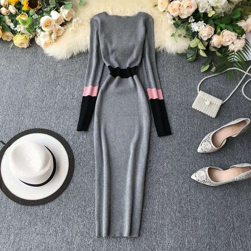 ALPHALMODA осеннее Новое винтажное вязаное платье женское цветное Элегантное зимнее платье с длинными рукавами вязаное платье-футляр