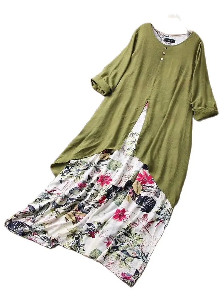 

Summer new printed round neck Pullover long sleeve loose size 6l women's fake two piece women dress plus vestido sexy fashion