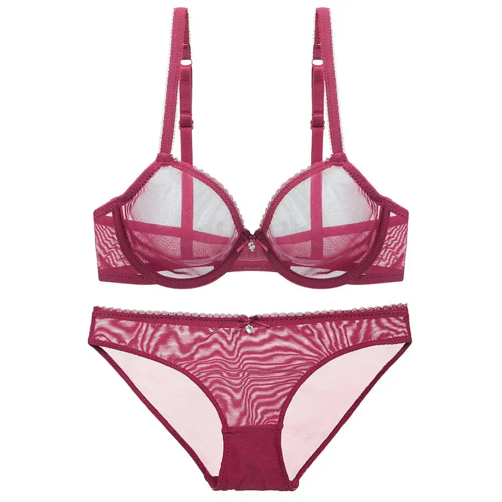 Bra Set Burgundy Женский комплект бюстгальтера размера плюс, Одноцветный, прозрачная чашка, дышащий, на косточках, пуш-ап, украшен бантом и стразы, комплект нижнего белья для женщин - Цвет: Bra Set Burgundy