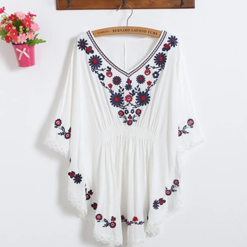 Черные мексиканские блузки женская рубашка с цветочной вышивкой Мешковатые