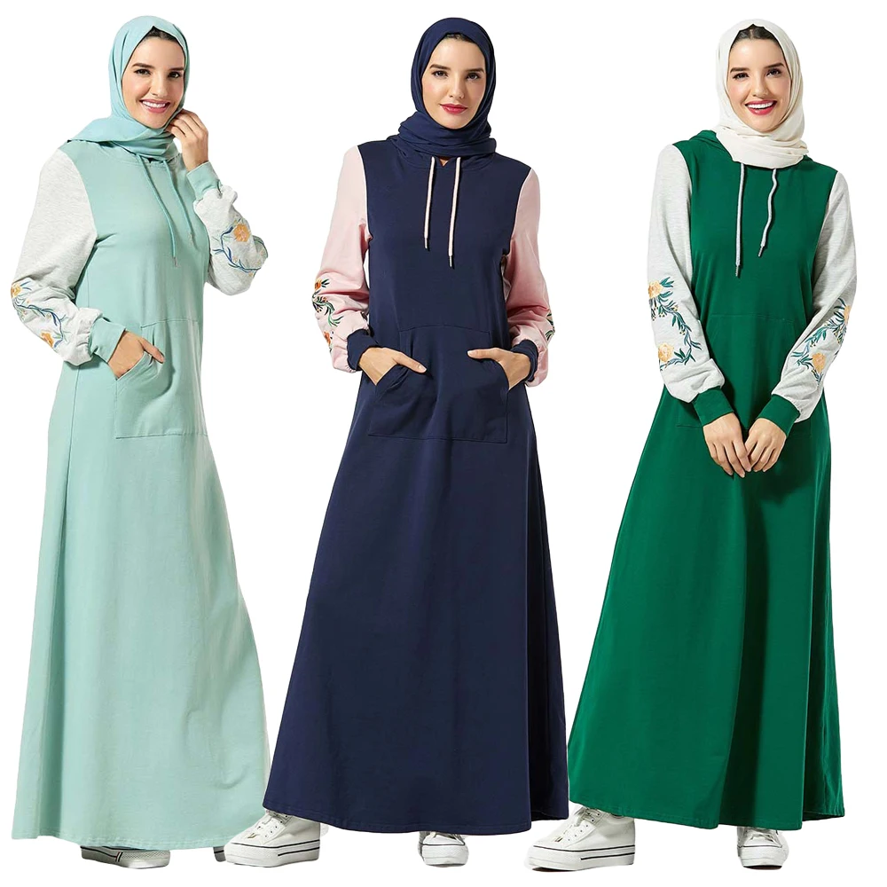 Мусульманская абайя с капюшоном вышивкой свитшот длинным рукавом Макси платье