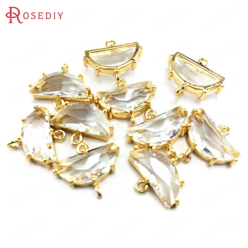 

(38292)6PCS 7x15MM 24K Champagne Gold Color Brass and Glass 2 Holes Moon Connect Charms Pendants Jewelry Findings Accessories