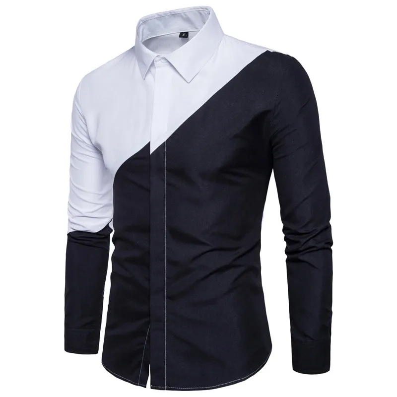 

Mens Black White Patchwork Dress Shirts 2020 Brand New Slim Fit Long Sleeve Chemise Homme Formal Business Casual Shirt for Men