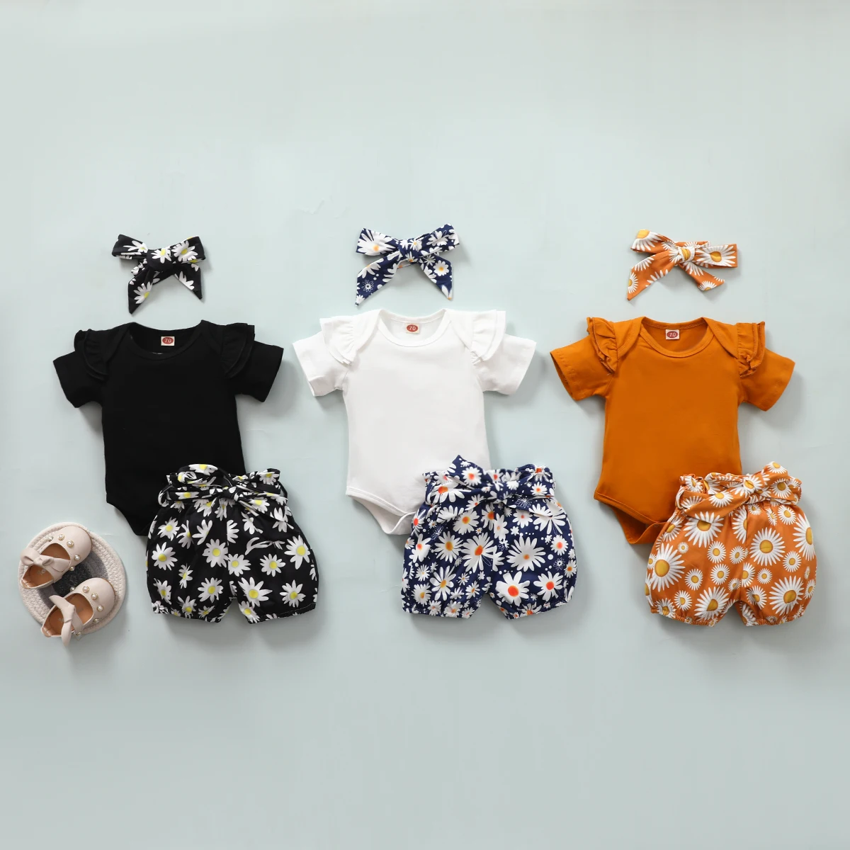 

Newborn Baby Girls Clothes Set Fashion Summer Ruffles Sleeve Romper+Floral Shorts Headband Toddler Infant Outfits Clothing
