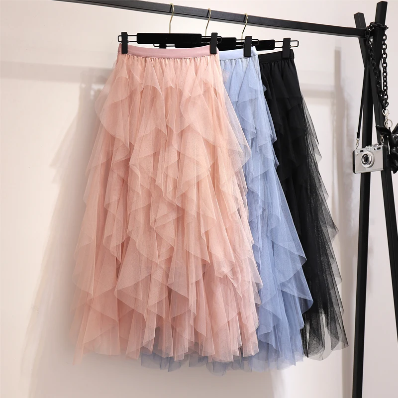 

Летние юбки для женщин, модная Асимметричная сетчатая юбка из тюля, эластичная юбка до середины икры с высокой талией, длинная юбка-пачка дл...