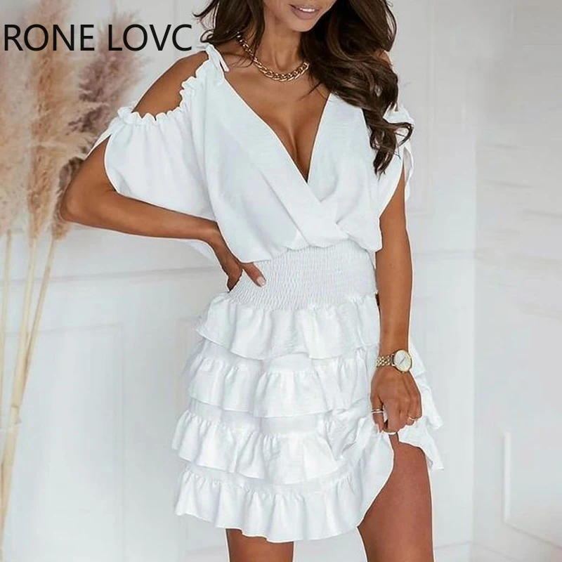 Women Cold Shoulder Tied Detail Shirred Layered Dress Spring Sweet Dress