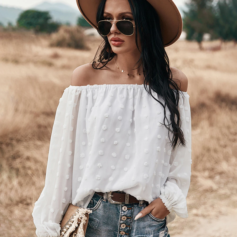 

Women"s Chiffon Blouse Off Shoulder Swiss Dot Long Sleeves Tunic Top with Elastic Cuff J55