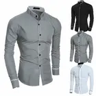 Мужская деловая рубашка Meihuida, Деловая блузка с длинным рукавом и отложным воротником, облегающая однотонная деловая рубашка, однотонные Топы