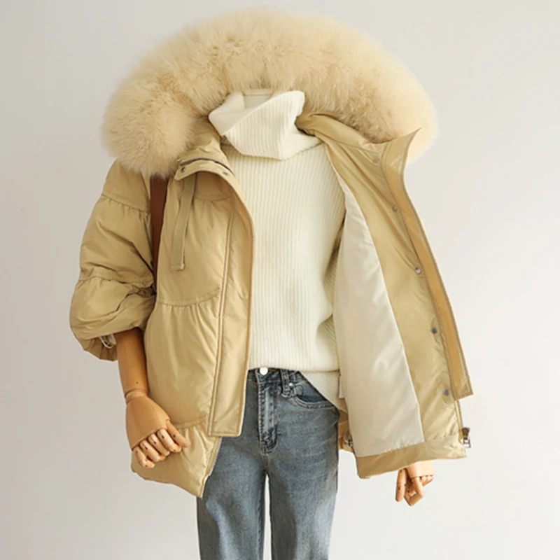 

Fitaylor Winter Large Real Fur Collar Hooded Light Feather Jacket Women Fluffy Down Short Coat Loose Warm Thick Puffer Outwear
