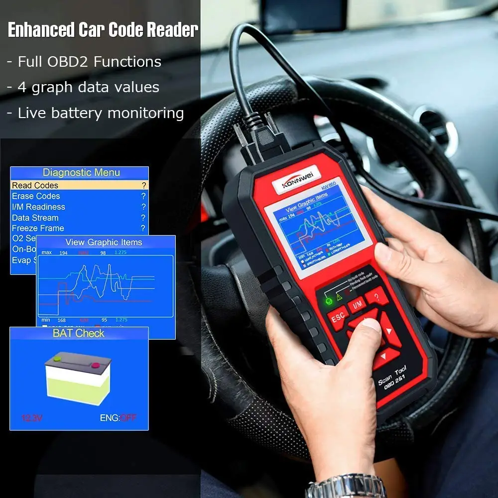 Профессиональный OBD2 сканер автомобильный KW850 считыватель кодов OBD II и EOBD